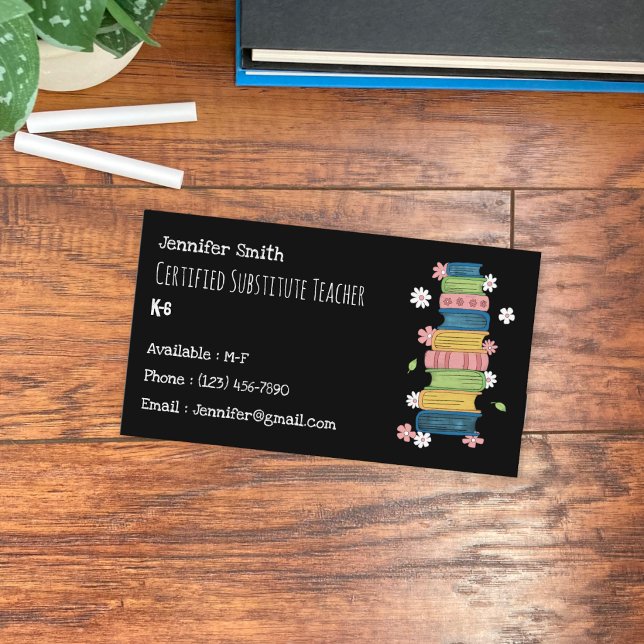 Undervisningslärare Böcker Blommor Svart Visitkort (Faux chalkboard , books and flowers educator standard business card .)