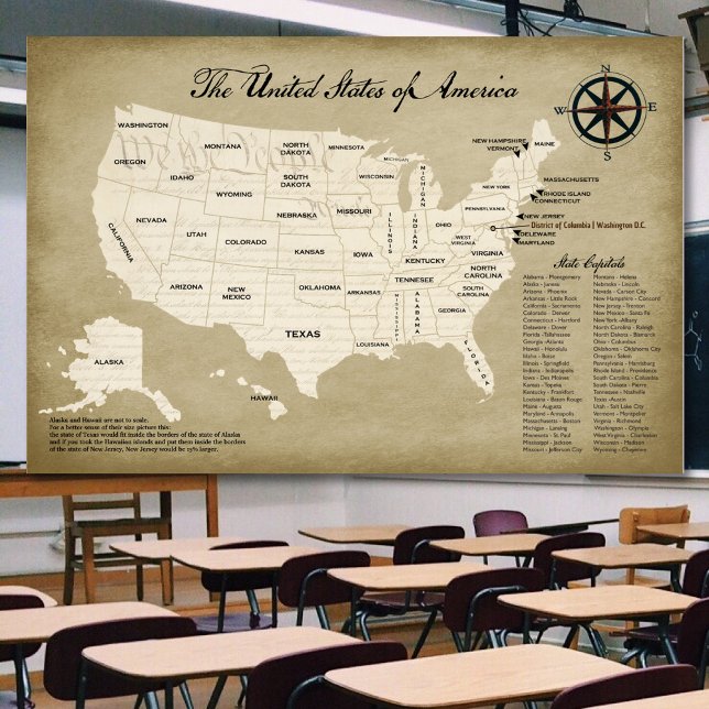 Undervisningsstöd för Karta Poster i stort Förenad (Large wail map of the US for home or the classroom.  Help your kids learn about the United States)
