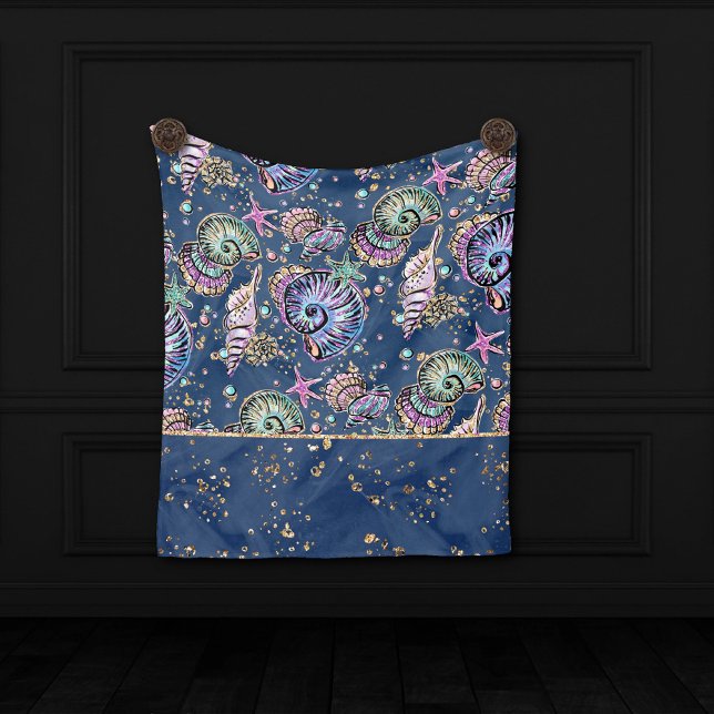Underwater Blue Luxe | Pastel Guld Seashells Fleecefilt (Skapare uppladdad)