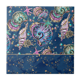 Underwater Blue Luxe | Pastel Guld Seashells Kakelplatta