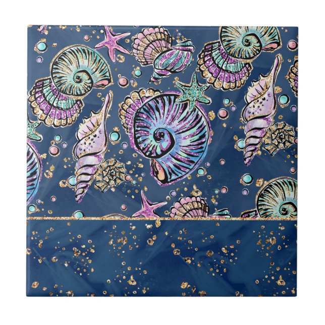 Underwater Blue Luxe | Pastel Guld Seashells Kakelplatta (Framsidan)