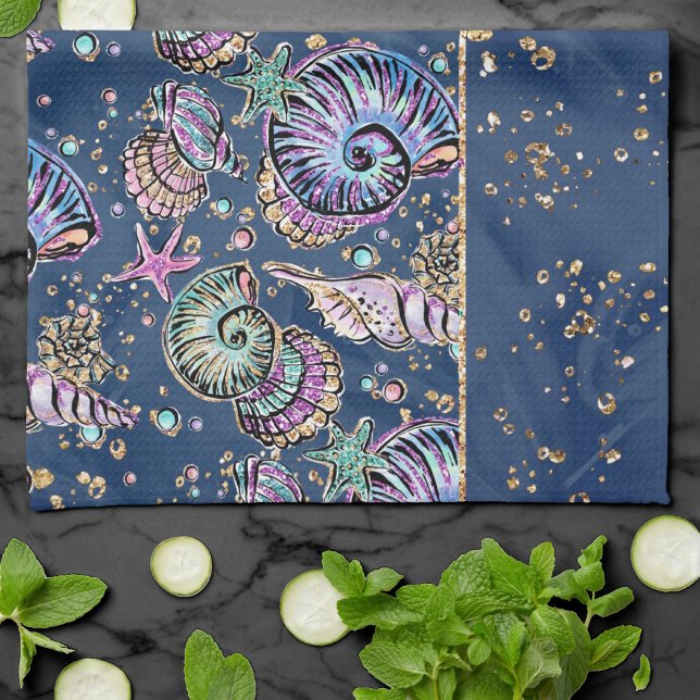 Underwater Blue Luxe | Pastel Guld Seashells Kökshandduk (Skapare uppladdad)