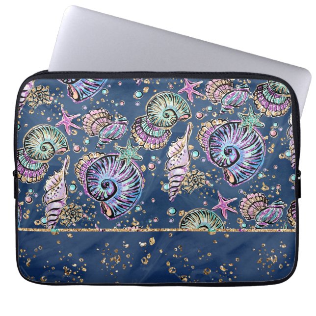Underwater Blue Luxe | Pastel Guld Seashells Laptop Fodral (Framsidan)