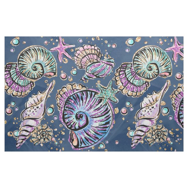 Underwater Blue Luxe | Pastel Guld Seashells Tyg (Fat Quarter)