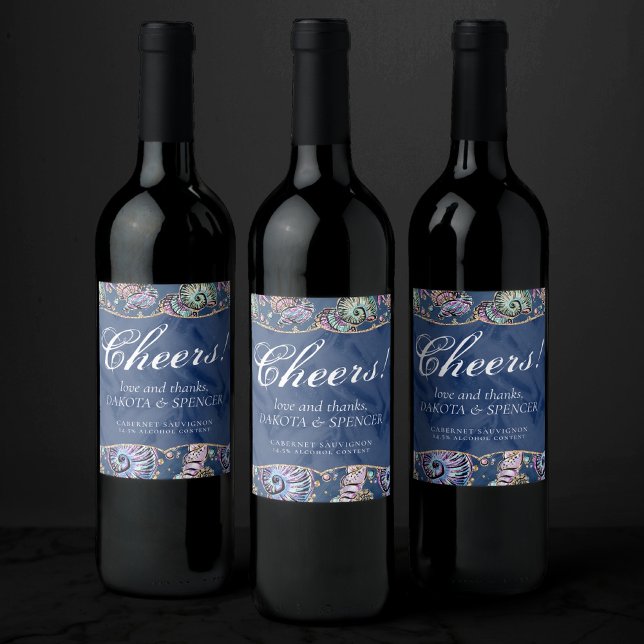 Underwater Blue Luxe | Pastel Guld Seashells Vinflaska Etikett (Skapare uppladdad)