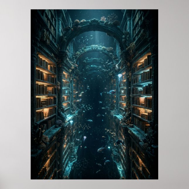 Underwater Library Fantasy Art Poster (Framsidan)