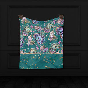 Underwater Teal Luxe   Grönt Pastel Guld Seashells Fleecefilt