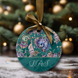 Underwater Teal Luxe | Grönt Pastel Guld Seashells Julgransprydnad Keramik