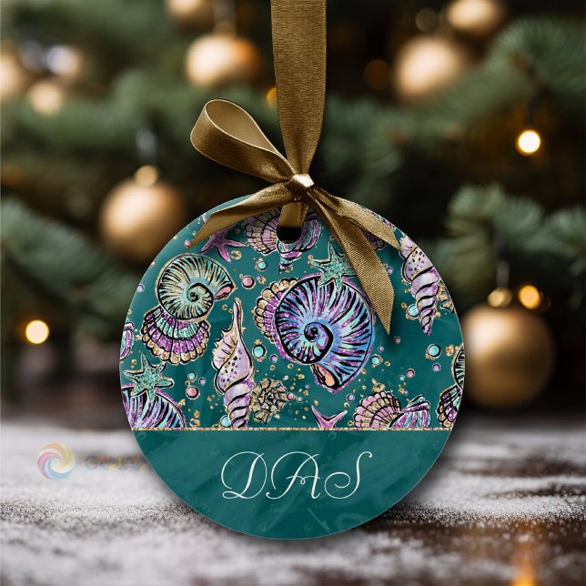 Underwater Teal Luxe | Grönt Pastel Guld Seashells Julgransprydnad Keramik (Skapare uppladdad)