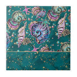 Underwater Teal Luxe | Grönt Pastel Guld Seashells Kakelplatta