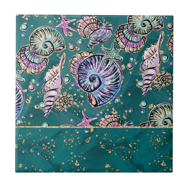 Underwater Teal Luxe | Grönt Pastel Guld Seashells Kakelplatta (Framsidan)