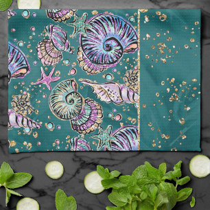 Underwater Teal Luxe Grönt Pastel Guld Seashells Kökshandduk