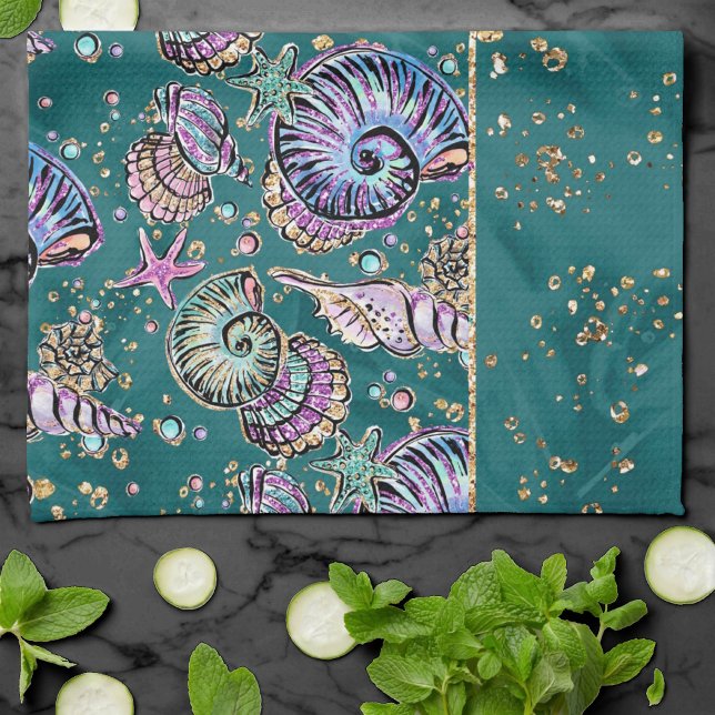 Underwater Teal Luxe | Grönt Pastel Guld Seashells Kökshandduk (Skapare uppladdad)