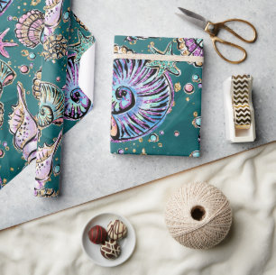Underwater Teal Luxe Grönt Pastel Guld Seashells Presentpapper