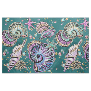 Underwater Teal Luxe Grönt Pastel Guld Seashells Tyg