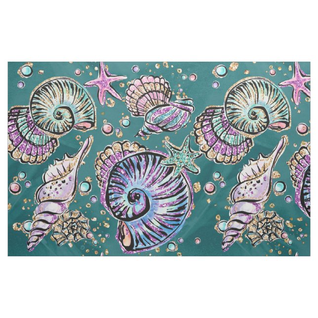 Underwater Teal Luxe | Grönt Pastel Guld Seashells Tyg (Fat Quarter)