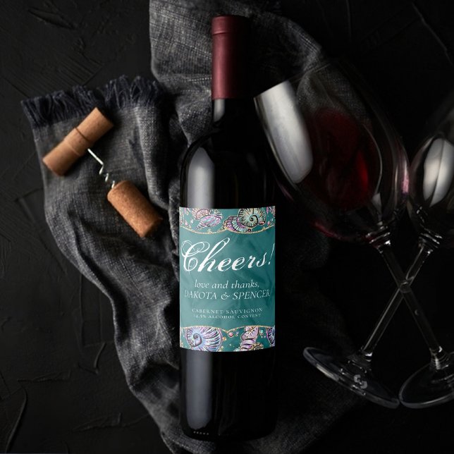 Underwater Teal Luxe | Grönt Pastel Guld Seashells Vinflaska Etikett (Skapare uppladdad)