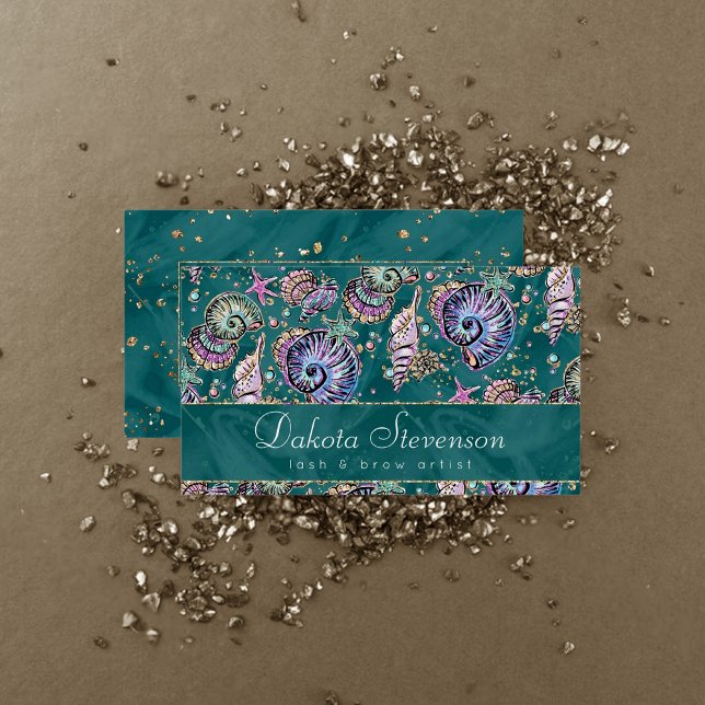 Underwater Teal Luxe | Grönt Pastel Guld Seashells Visitkort (Skapare uppladdad)
