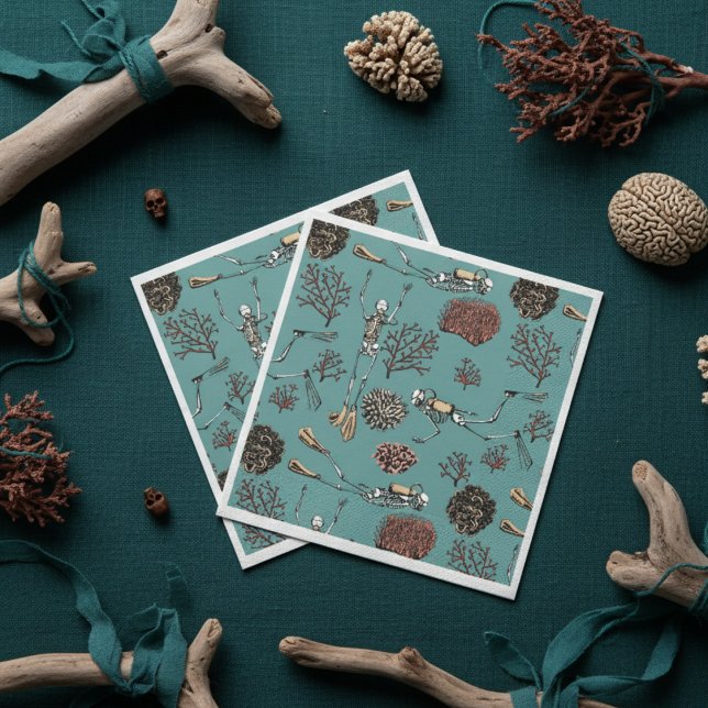 Underwater Teal Skeleton Dyka Papper Pappersservett (Teal Skeleton Scuba Diver Underwater Pattern Paper Napkins for Halloween or Dia de los Muertos Party)