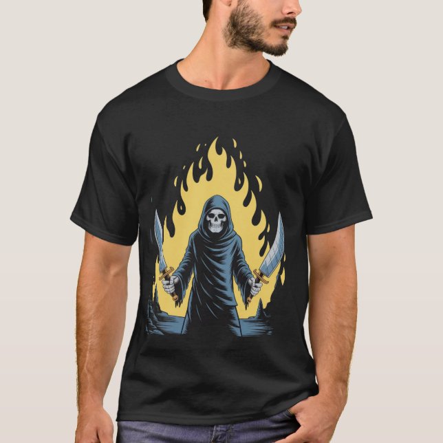 Underworld Reaper Skelett Konst Dubbelblad Hellfir T Shirt (Framsida)