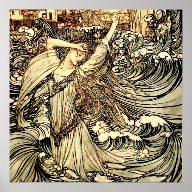 "Undine in Vågar" av Arthur Rackham Poster (Framsidan)