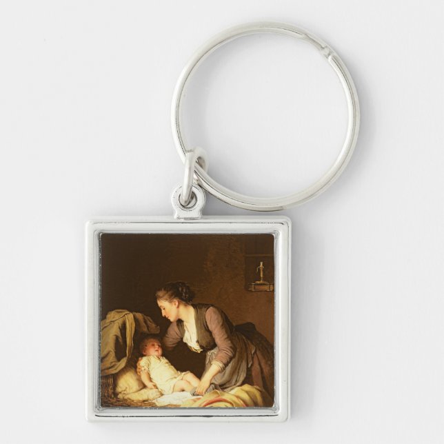 Undressing av babyen, 1880 fyrkantig silverfärgad nyckelring (Framsidan)