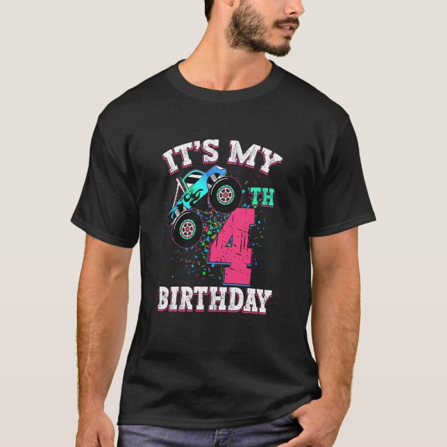 Unds 4-åriga flicka 4e födelsedagen Monster Lastbi T Shirt (Framsida)