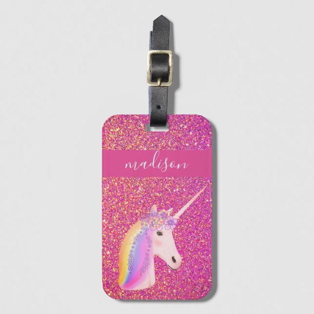 Unds Cute Unicorn Rosa Guld Glitter Personlig Bagagebricka (Framsida vertikal)