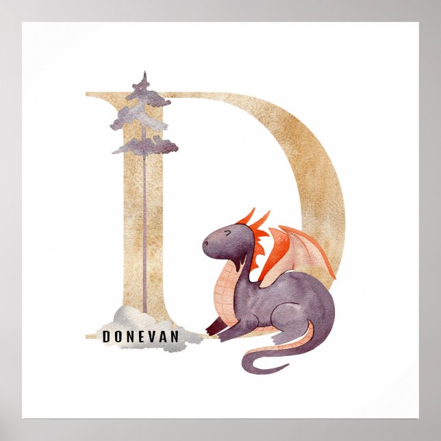 Unds Dragon Anpassat namn Monogram D Nursery Room Poster (Framsidan)