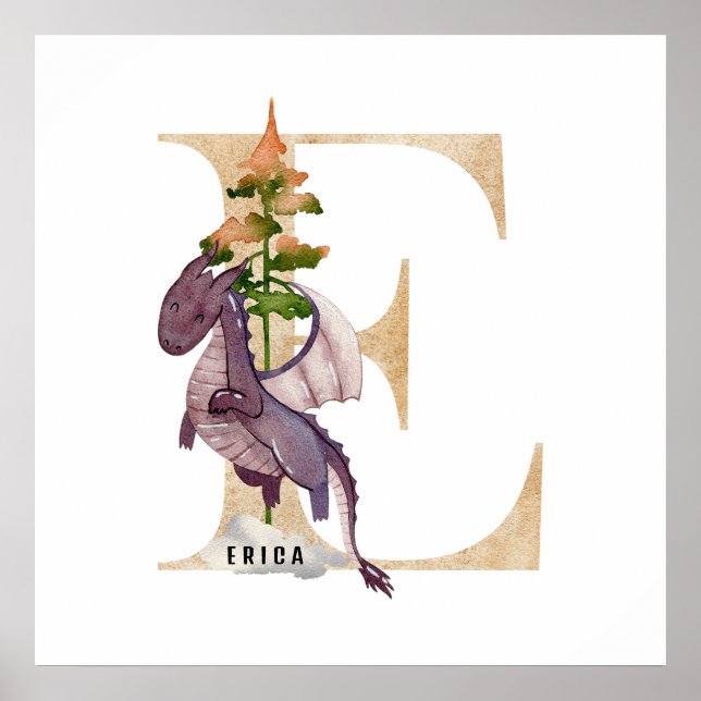 Unds Dragon Anpassat namn Monogram E Nursery Room Poster (Framsidan)