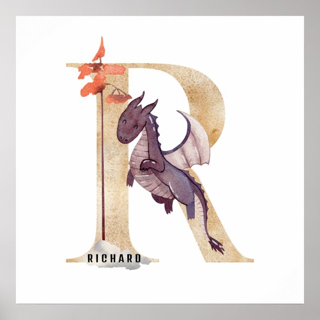 Unds Dragon Anpassat namn Monogram R Nursery Room Poster (Framsidan)