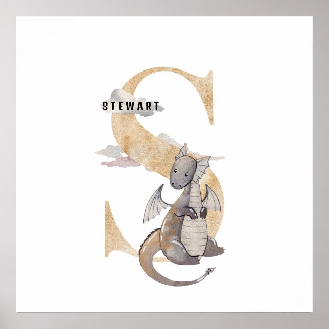 Unds Dragon Anpassat namn Monogram S Nursery Room Poster (Framsidan)