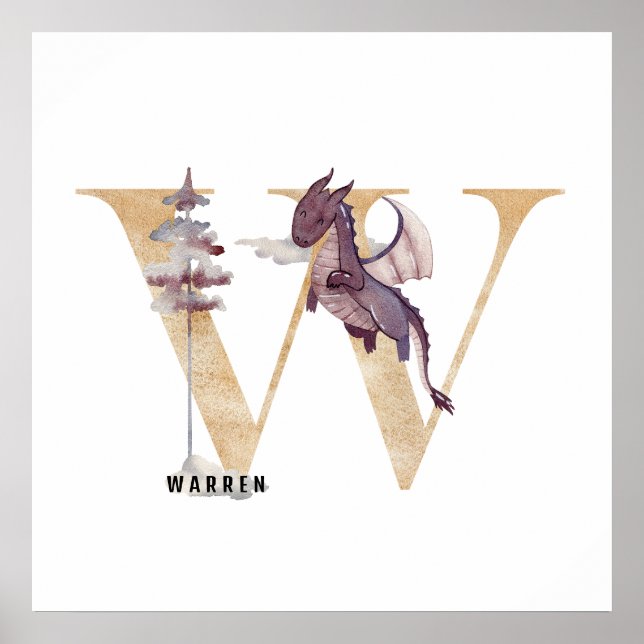 Unds Dragon Anpassat namn Monogram W Nursery Room Poster (Framsidan)