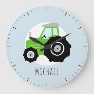 Unds Grönt Farm Tractor Tecknad Boys Nursery Stor Klocka