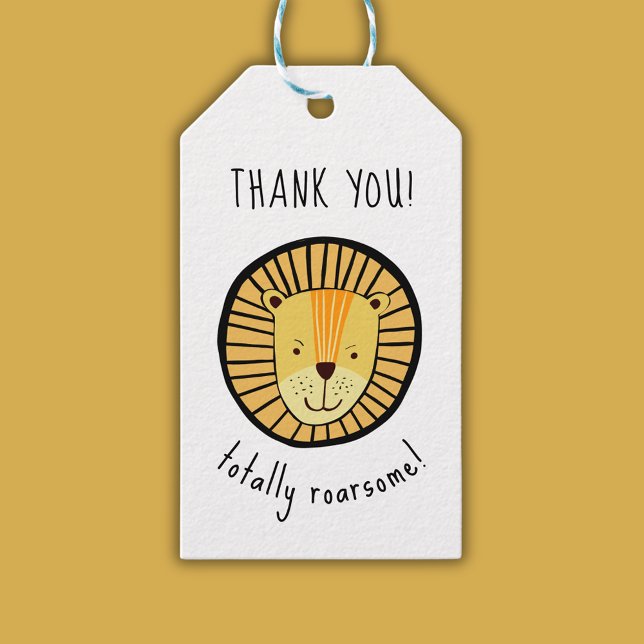 Unds Lejona Rootally Roarsome Jungle Tack Presentetikett (Lion Kids birthday party thank you gift tag - totally roarsome)