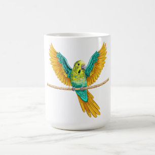 Undulat sittande på ett rep med öppna vingar kaffemugg