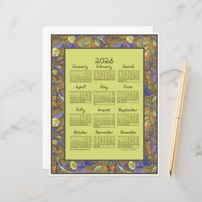 Undulating Leaves Border 2026 Calendar Paper Sheet (Fram/Back In Situ)