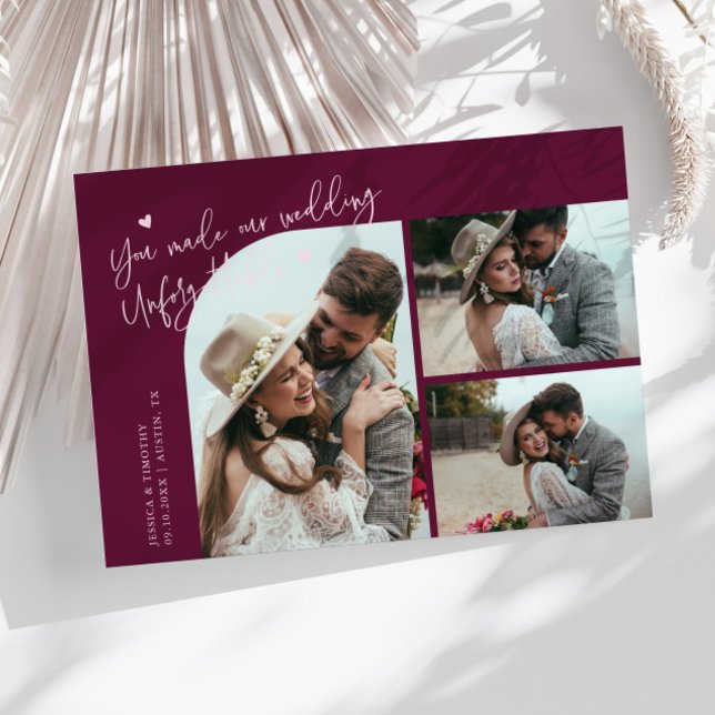 Unforgettable Wedding Cranberry Multi Photo Tack Kort (Skapare uppladdad)