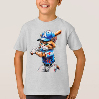 Ung basebollkatt i uniform med fladdermus! t shirt