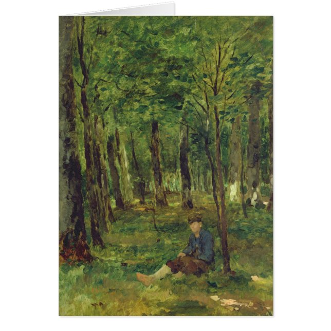 Ung bondesitta i skogen, 1878 hälsningskort (Framsidan)