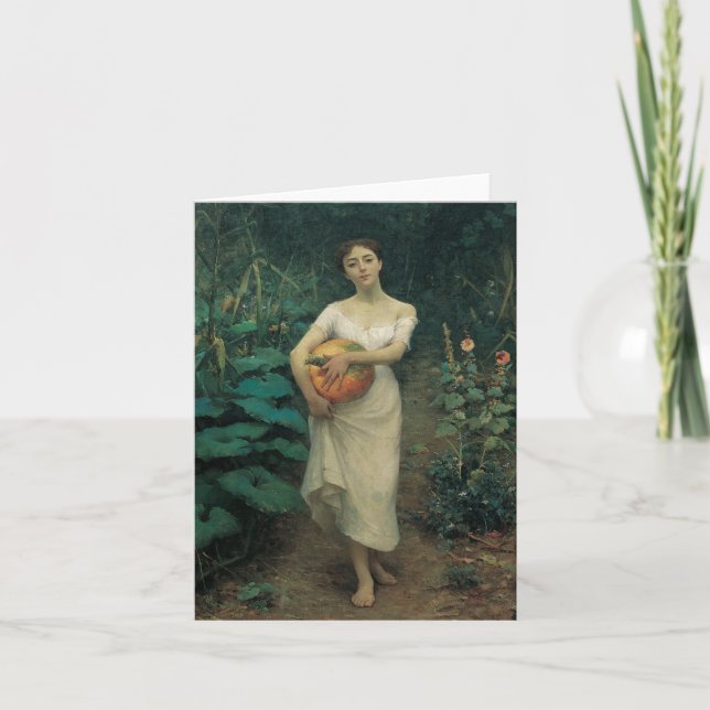 Ung flicka bär en pumpa kort (Framsida)