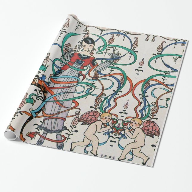 UNG FLICKA, FÄRGFULA BAND, KUPIDO Alla hjärtans da Presentpapper (Utrullad)