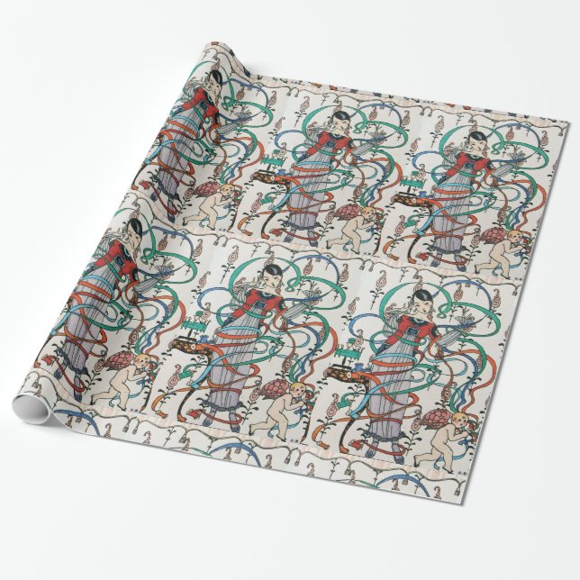 UNG FLICKA, FÄRGGLIG VIRVEL VÄNDER, CUPID Födelsed Presentpapper (Utrullad)