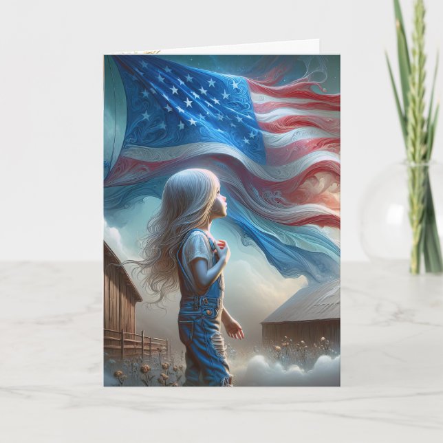 Ung flicka i bomullsfält med flagga kort (Framsida)