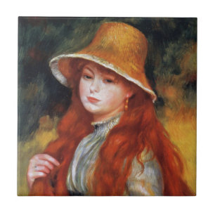 Ung flicka i halmhatt av Renoir Kakelplatta