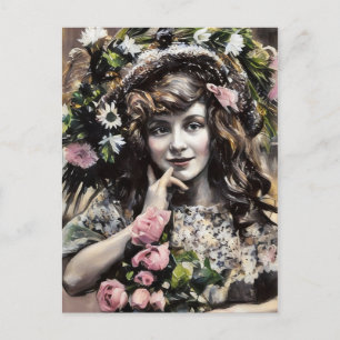 Ung flicka med blommig hatt rosor pastellteckning vykort