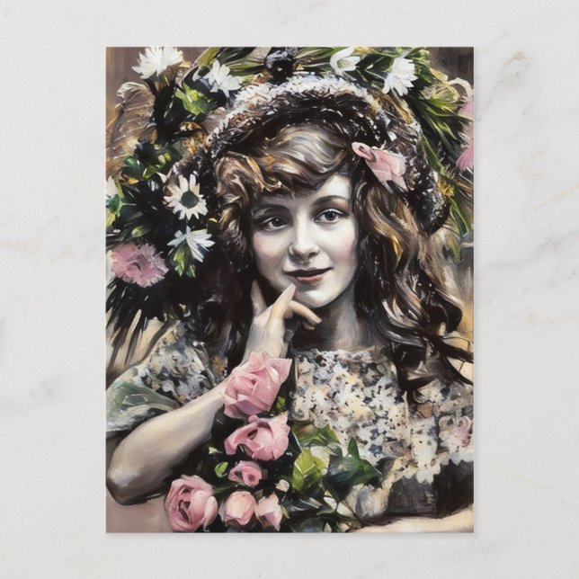 Ung flicka med blommig hatt rosor pastellteckning vykort (Framsida)