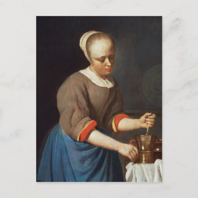 Ung flicka med bröstkorg och mortel vykort (Framsida)