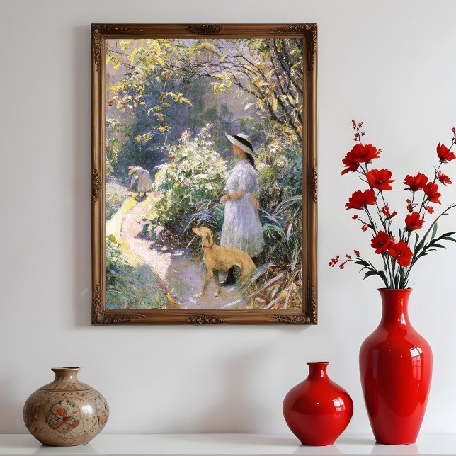Ung flicka och hennes greyhound i trädgården. poster (Skapare uppladdad)