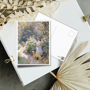 Ung flicka och hennes greyhound i trädgårdskonsten vykort